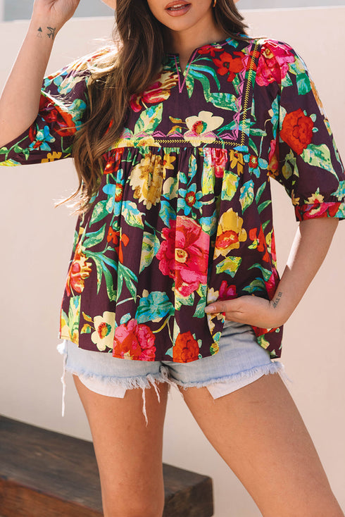 Floral Embroidered Trim Half Sleeve Woven Cotton Blouse