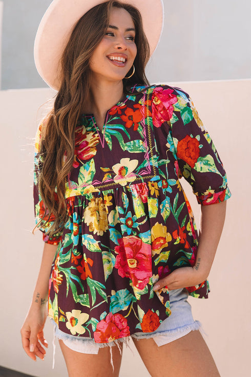 Floral Embroidered Trim Half Sleeve Woven Cotton Blouse