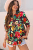 Floral Embroidered Trim Half Sleeve Woven Cotton Blouse