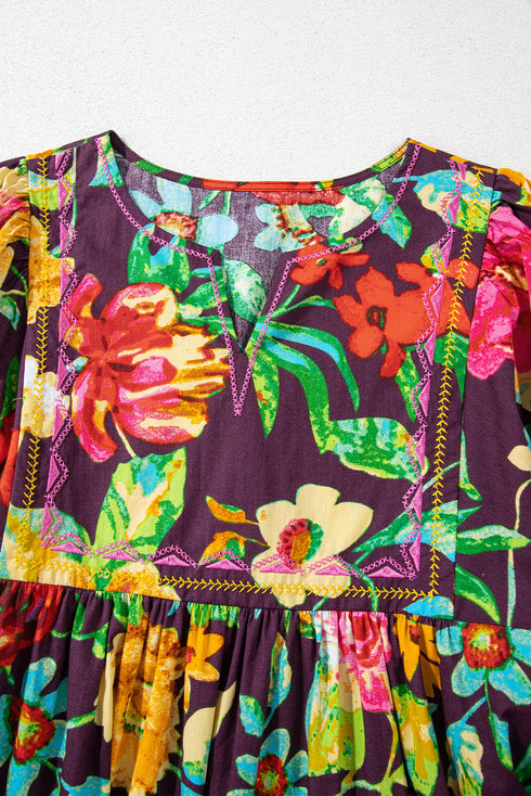 Floral Embroidered Trim Half Sleeve Woven Cotton Blouse