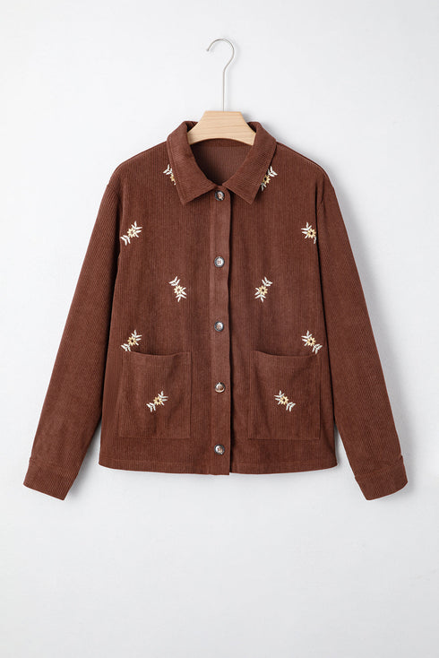 Floral Embroidered Wide Wale Corduroy Button Front Patch Pocket Jacket