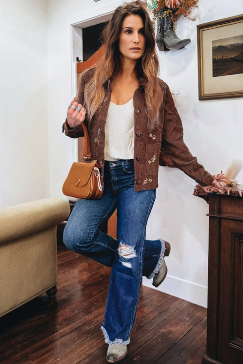 Floral Embroidered Wide Wale Corduroy Button Front Patch Pocket Jacket