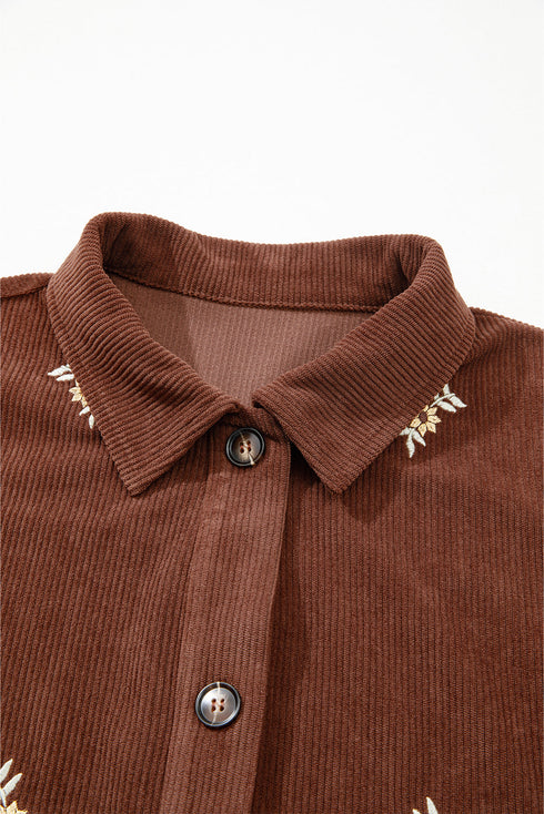 Floral Embroidered Wide Wale Corduroy Button Front Patch Pocket Jacket