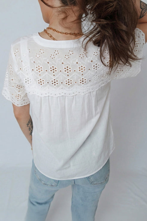Floral Eyelet Embroidered Patchwork Sheer Short Sleeve Shirt