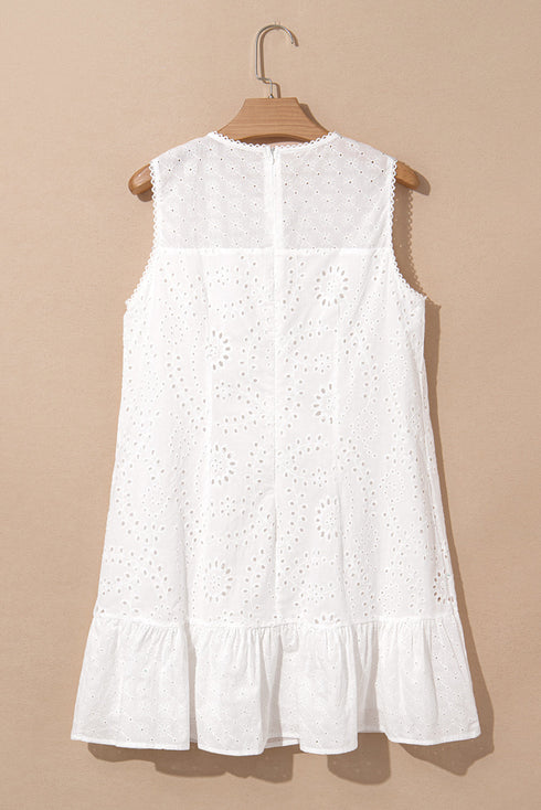 Floral Eyelet Embroidered Sleeveless Tiered Cotton Shift Dress