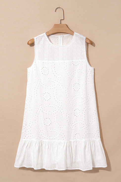 Floral Eyelet Embroidered Sleeveless Tiered Cotton Shift Dress