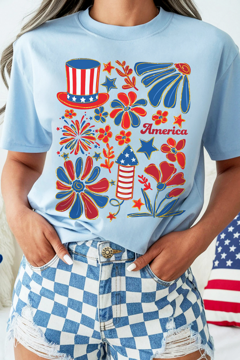 Floral Firework Print Round Neck Graphic T Shirt