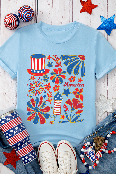 Floral Firework Print Round Neck Graphic T Shirt