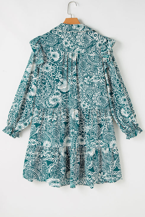 Floral Flounce Sleeve Split Neck Bohemian Mini Dress