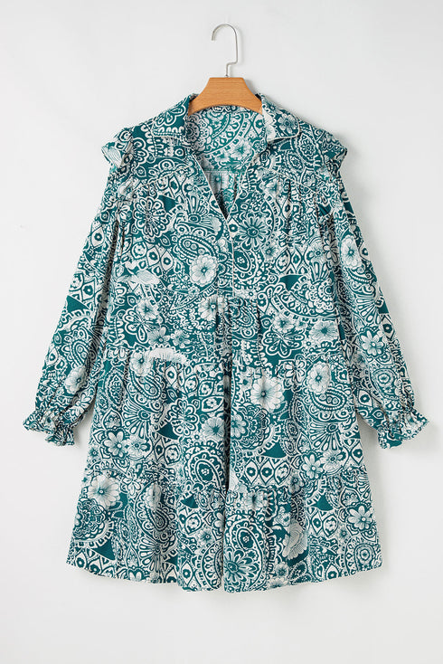 Floral Flounce Sleeve Split Neck Bohemian Mini Dress
