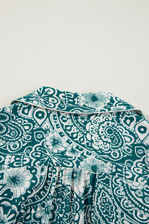 Floral Flounce Sleeve Split Neck Bohemian Mini Dress