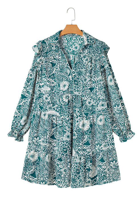 Floral Flounce Sleeve Split Neck Bohemian Mini Dress