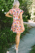 Floral Flutter Sleeve Split Neck Mini Dress