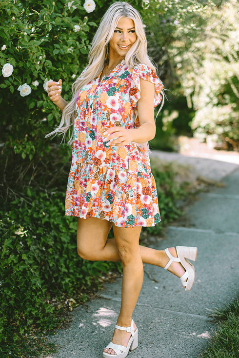 Floral Flutter Sleeve Split Neck Mini Dress