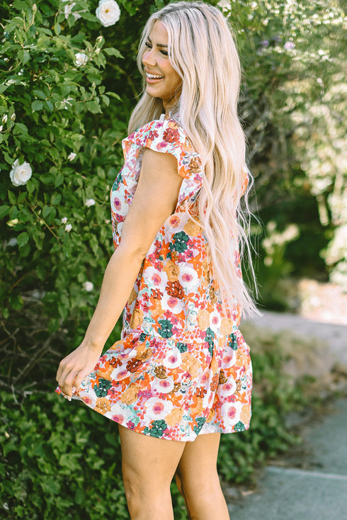 Floral Flutter Sleeve Split Neck Mini Dress