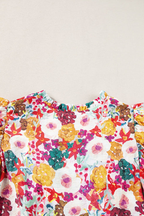 Floral Flutter Sleeve Split Neck Mini Dress