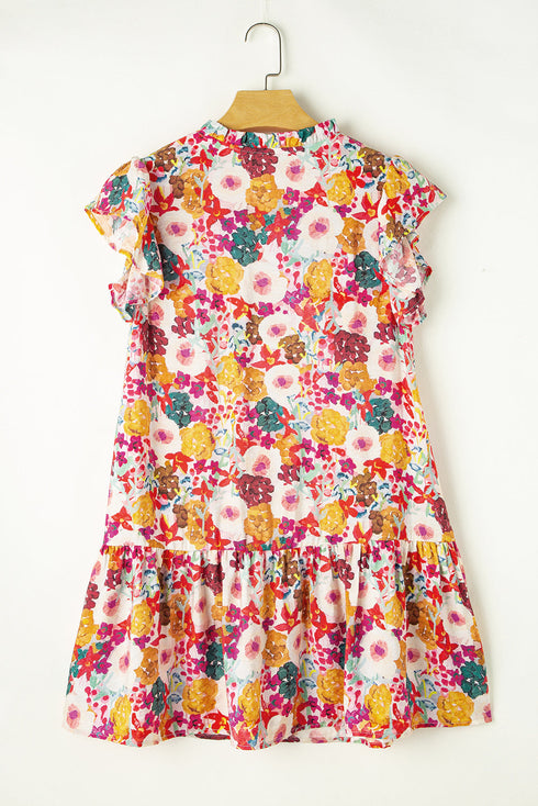 Floral Flutter Sleeve Split Neck Mini Dress