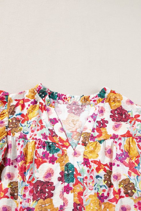 Floral Flutter Sleeve Split Neck Mini Dress