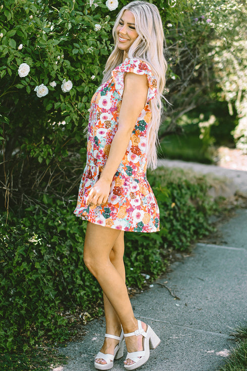 Floral Flutter Sleeve Split Neck Mini Dress