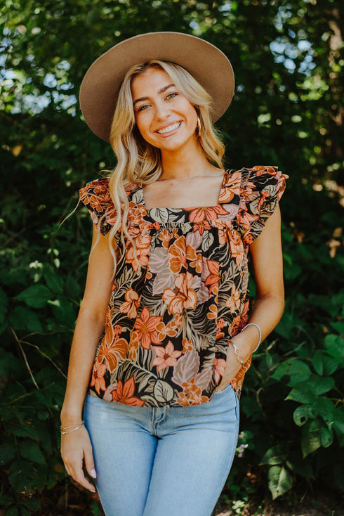 Floral Flutter Sleeves Square Neck Blouse