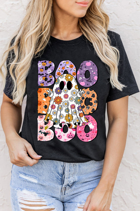 Floral Ghost Letter Print Crew Neck Graphic T-Shirt