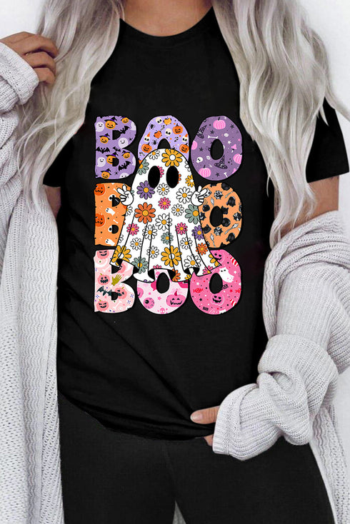 Floral Ghost Letter Print Crew Neck Graphic T-Shirt