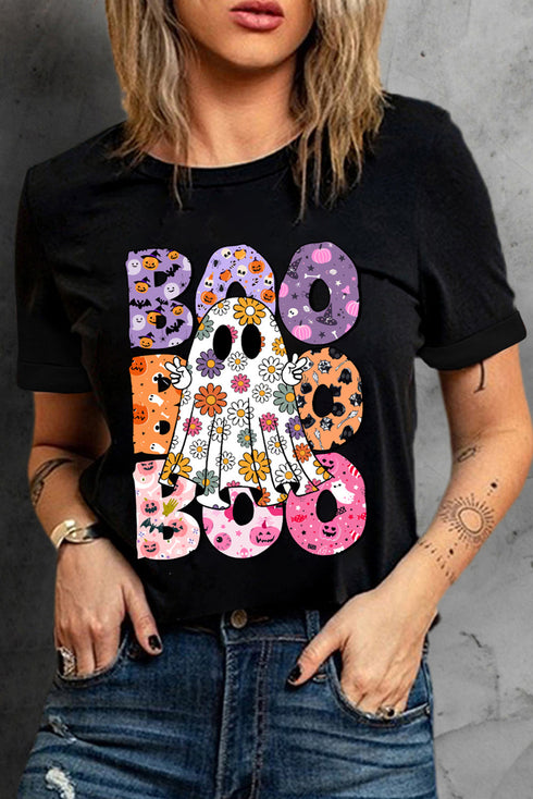 Floral Ghost Letter Print Crew Neck Graphic T-Shirt