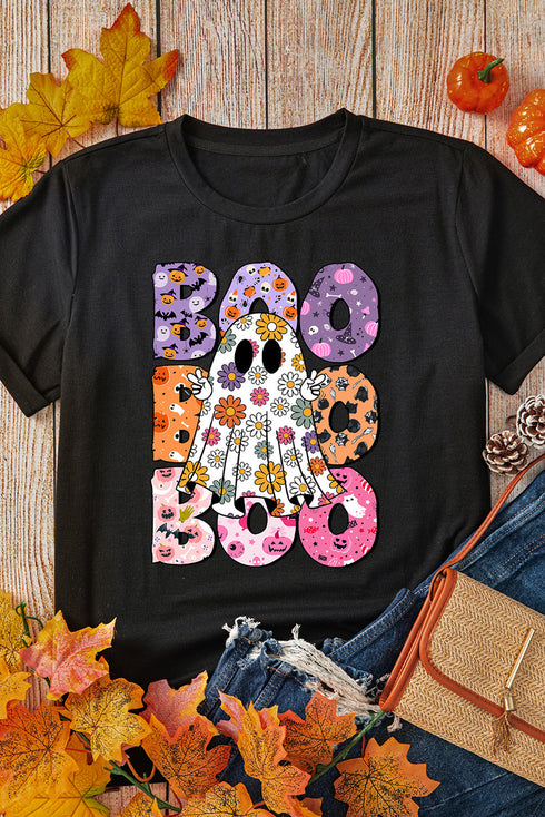 Floral Ghost Letter Print Crew Neck Graphic T-Shirt