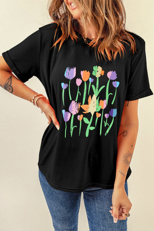 Floral Graphic Crewneck Short Sleeve Jersey Tee