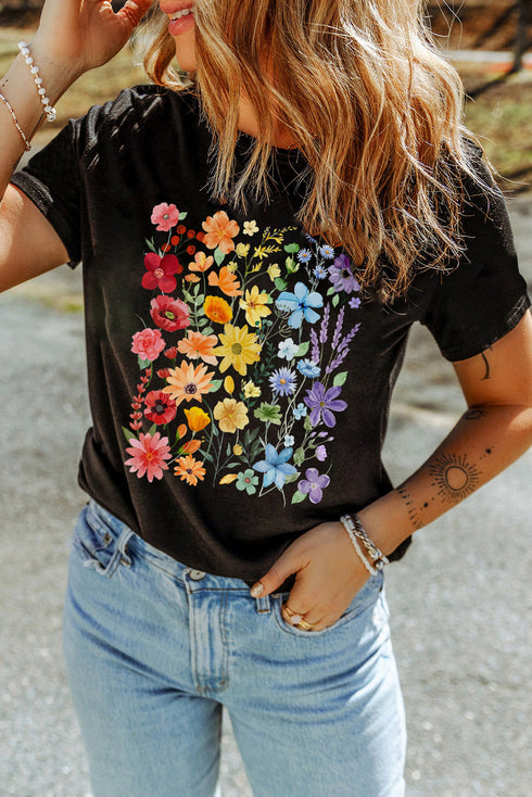 Floral Graphic Print Cotton Blend Short Sleeve Tee