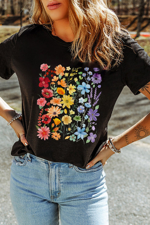 Floral Graphic Print Cotton Blend Short Sleeve Tee