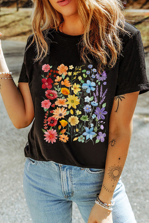 Floral Graphic Print Cotton Blend Short Sleeve Tee