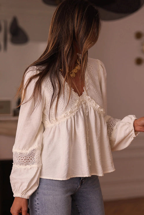 Floral Guipure Lace Patchwork Ruffled Long Sleeve Blouse