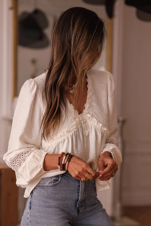 Floral Guipure Lace Patchwork Ruffled Long Sleeve Blouse
