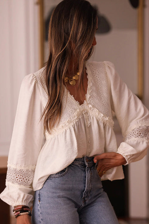 Floral Guipure Lace Patchwork Ruffled Long Sleeve Blouse