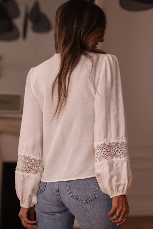 Floral Guipure Lace Patchwork Ruffled Long Sleeve Blouse
