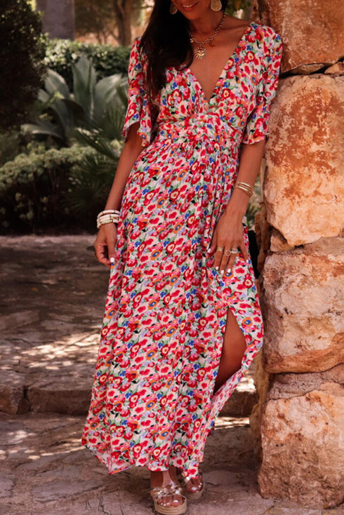 Floral Half Sleeve Deep V Neck Cutout Back Split Maxi Dress