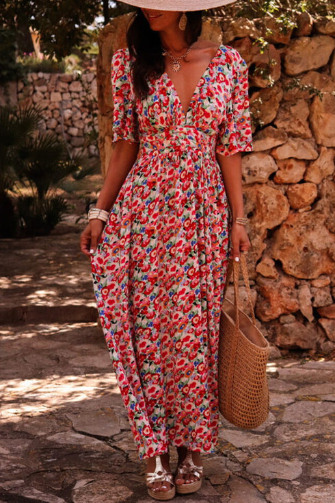 Floral Half Sleeve Deep V Neck Cutout Back Split Maxi Dress