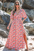 Floral Half Sleeve Deep V Neck Cutout Back Split Maxi Dress
