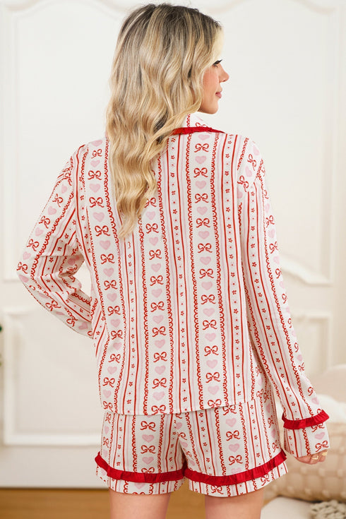 Floral Heart Bow Print Long Sleeve Pajama Short Set