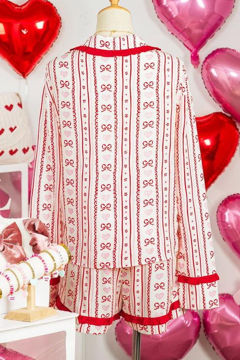 Floral Heart Bow Print Long Sleeve Pajama Short Set