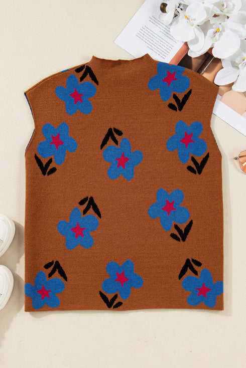 Floral Intarsia Mock Neck Boxy Pullover Sweater Vest