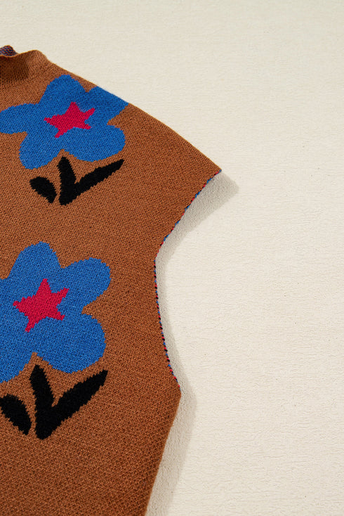 Floral Intarsia Mock Neck Boxy Pullover Sweater Vest