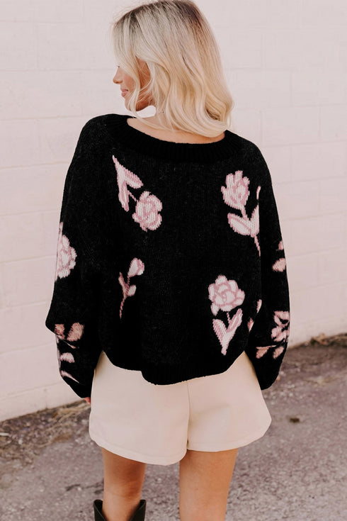 Floral Knit Puff Sleeve Dropped Shoulder Pullover Sweater