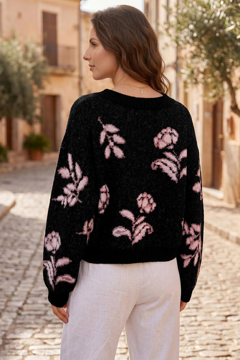 Floral Knit Puff Sleeve Dropped Shoulder Pullover Sweater