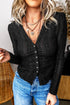 Floral Knit Textured V Neck Button Front Fitted Blouse