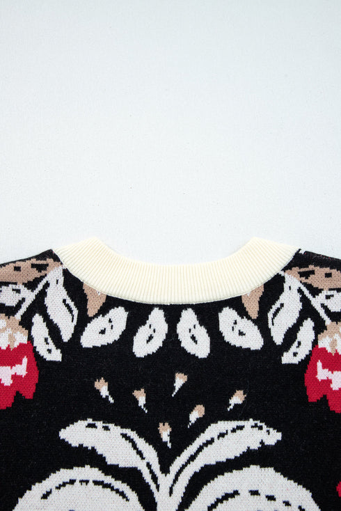 Floral Knit V Neck Button Down Cardigan
