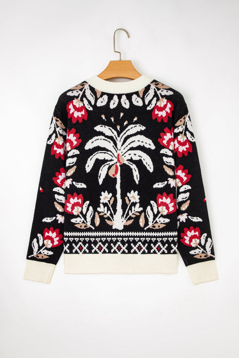Floral Knit V Neck Button Down Cardigan