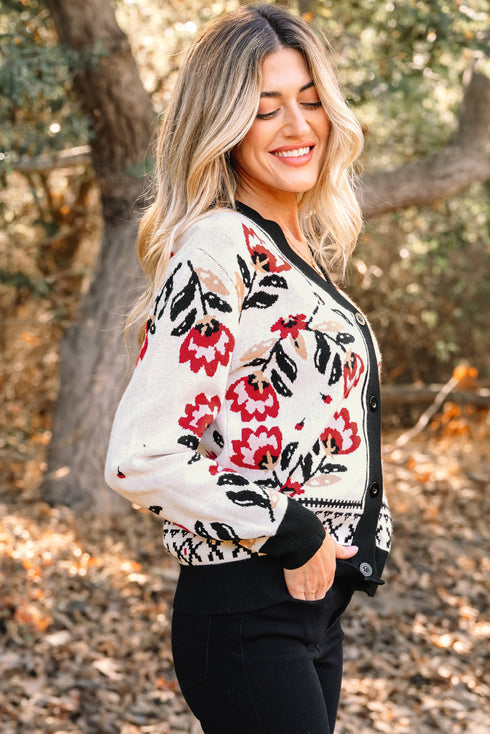 Floral Knit V Neck Button Down Cardigan