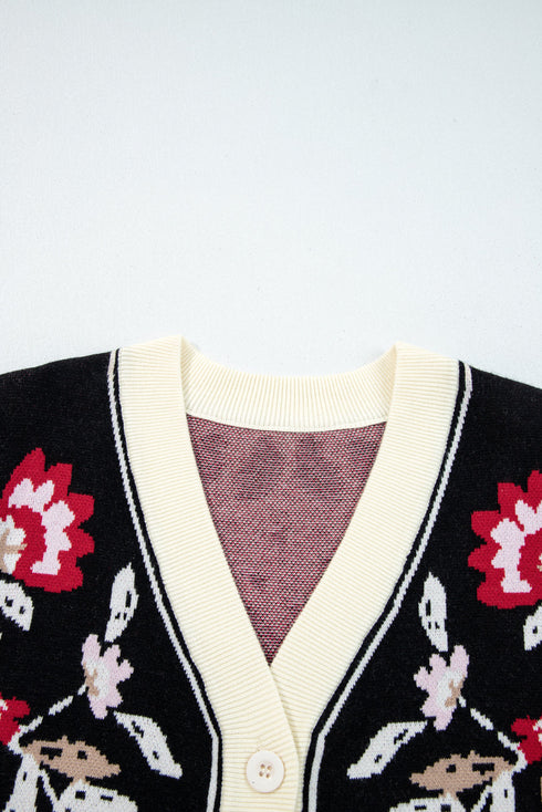 Floral Knit V Neck Button Down Cardigan